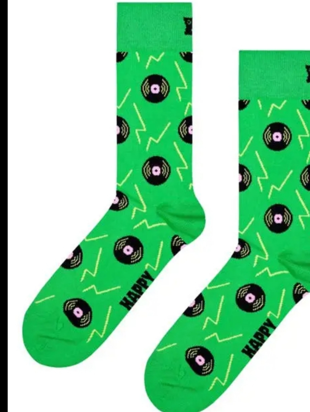 Happy Socks Bright Green Vinyl Record Crew Socks with Black & Pink Accents